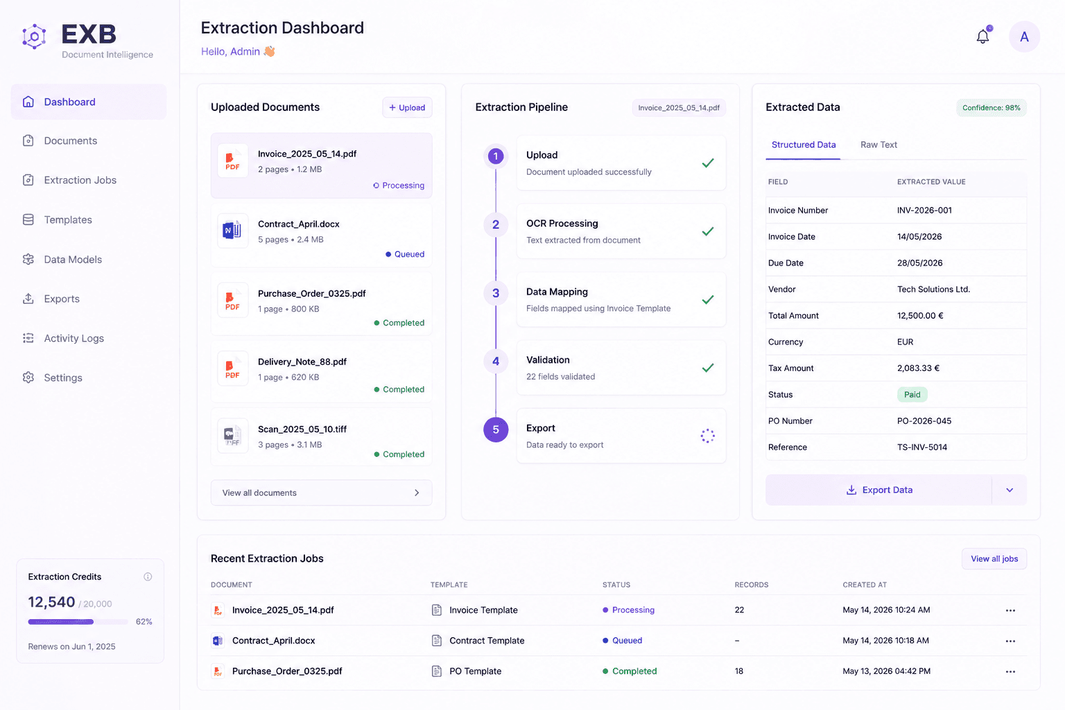 EXB document extraction platform dashboard